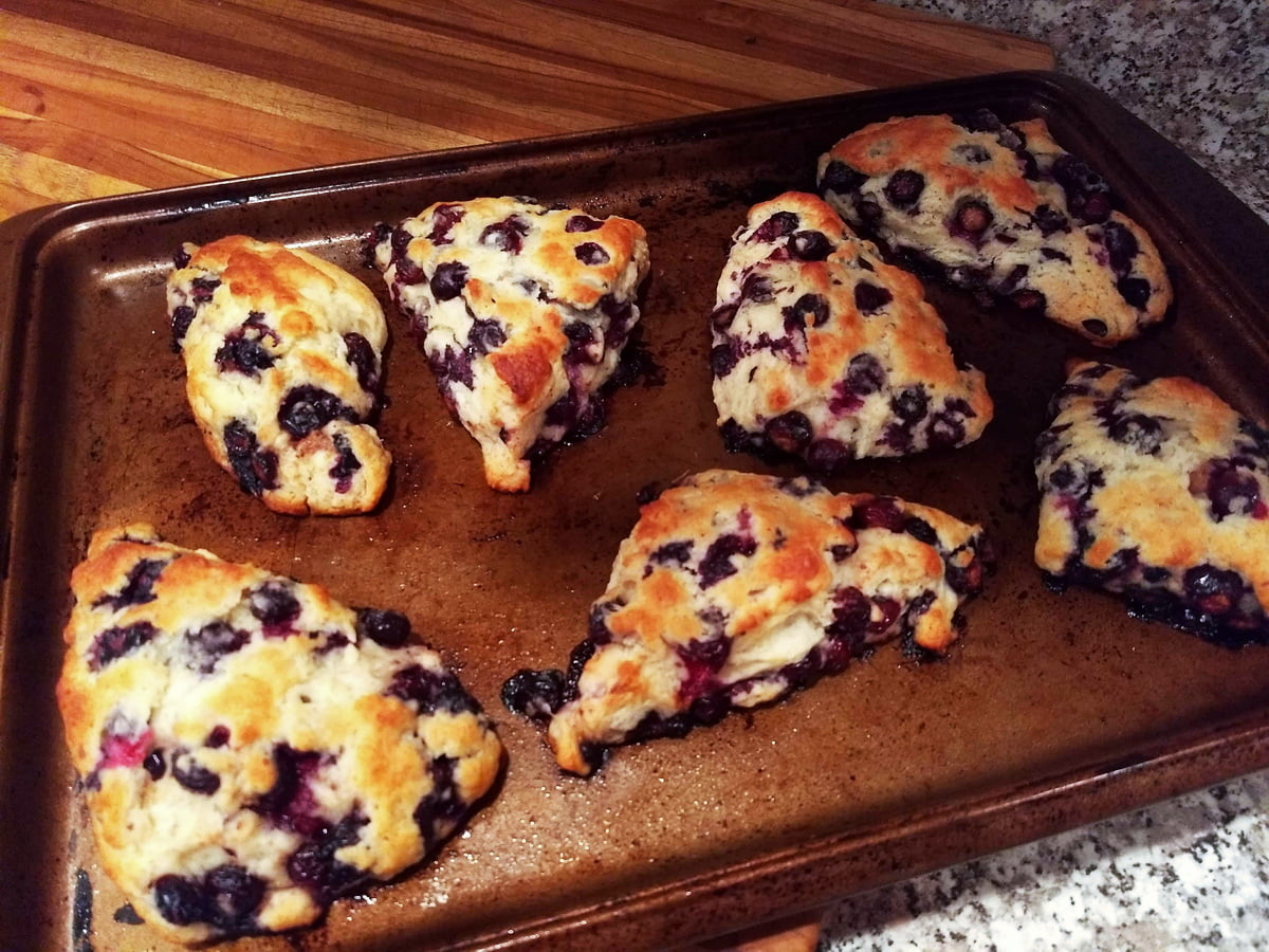 Blueberry scones shown on a baking tray | Sincerely Yasmin