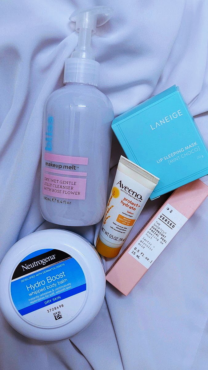 Products: Bliss Makeup Melt, Laneige Lip Mask, Aveeno sunscreen | Skincare Products for Beginners - Affordable Skincare Products - Build an Affordable Skincare Routine | Sincerely Yasmin