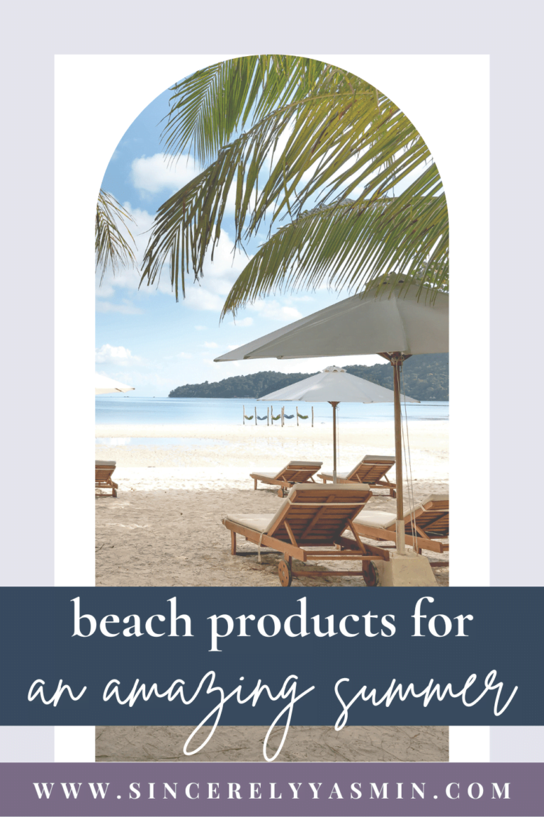 Picture of the beach with palm trees and lounge chairs. Text on top reads "beach products for an amazing summer"